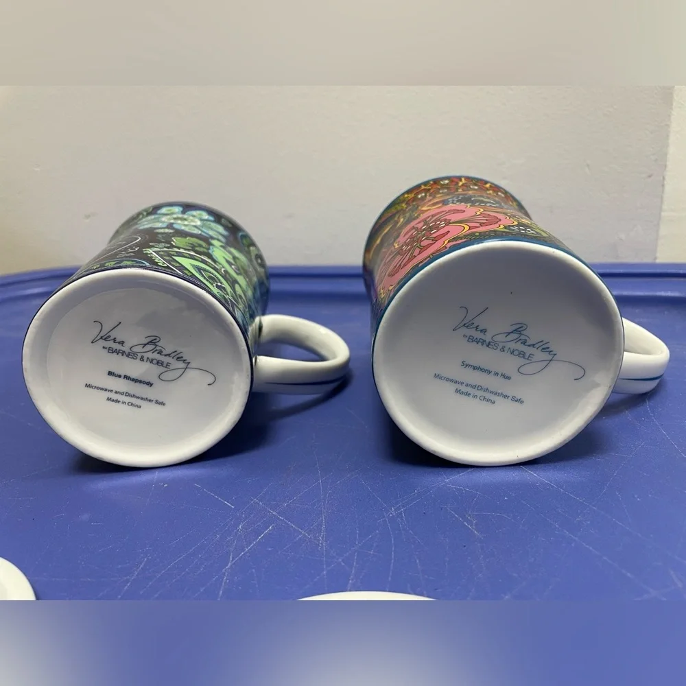 2 Gorgeous Paisley Vera Bradley Symphony in Hue & Blue Rhapsody Coffee Mugs/Lids - Picture 13 of 15